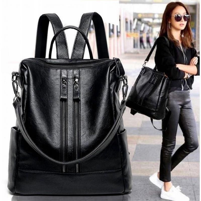 Canvas Backpack Casual - Women Soft Leather Backpack School Black